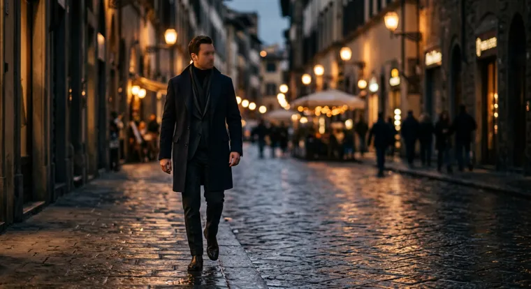 A man in a dark overcoat walking calmly through a city street at dusk